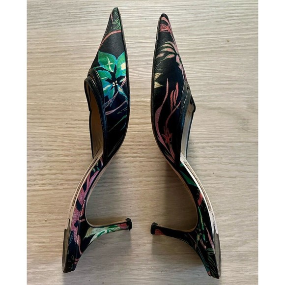 Jimmy Choo Mules Satin Black Floral Pointed Toe Heels Sandals Tropical Sz 38.5 - Picture 5 of 7